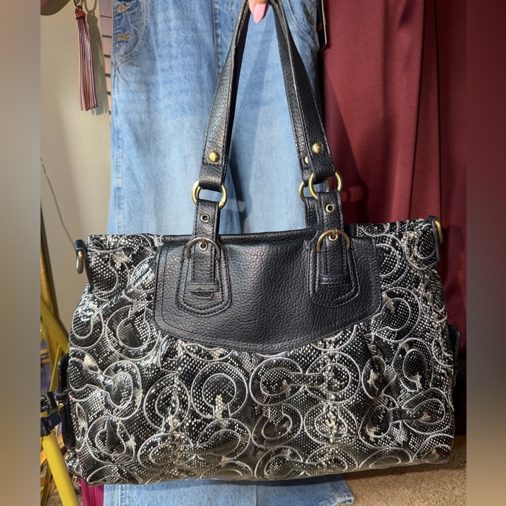 Coach Signature Embossed Tote Bag 14578 Black Gray Leather Trim Gold Hardware - Picture 6 of 17